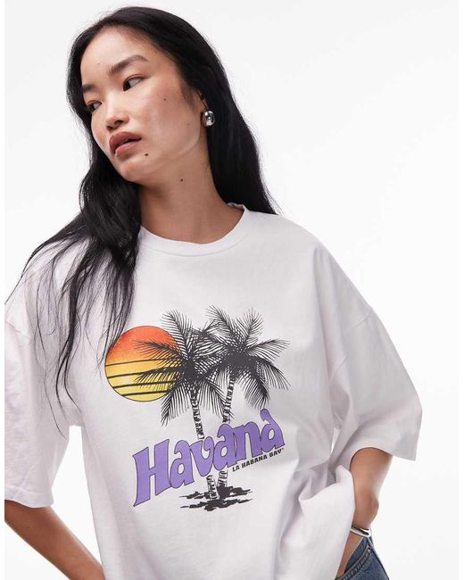 Camiseta Extragrande Con Estampado Gráfico "Havana" De Punto Liso De -Blanco TOPSHOP de color Gray
