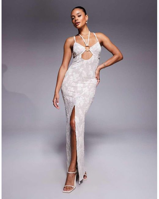 ASOS White Textured Lace Maxi Dress With Gold Tone Hardware