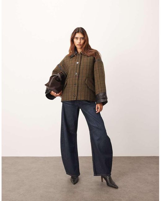 ARRANGE Brown Houndstooth Brushed Wool Blend Coat With Leather Detail
