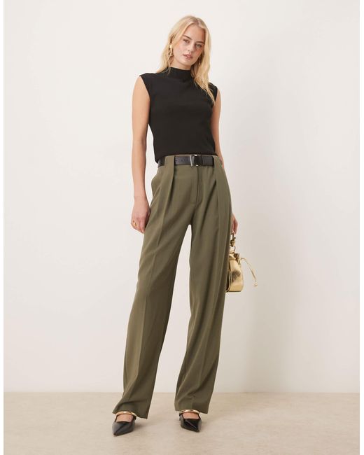 ASOS Natural Asos Design Tall Tailored High Waist Belted Straight Leg Pants