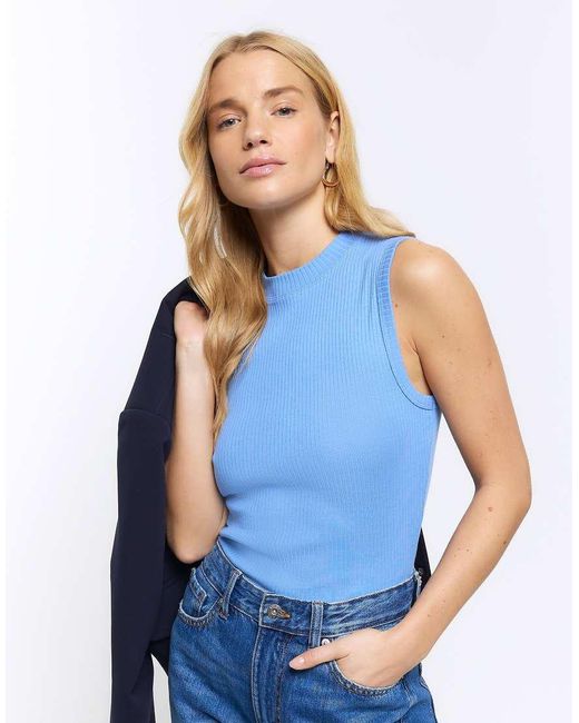 River Island Blue Rib Jean Grazer Tank Top