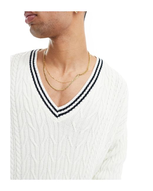 ASOS White Oversized Cable Knit Cricket Jumper for men