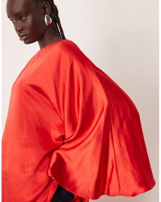 ARRANGE Red Satin Drape Asymmetric One Shoulder Top