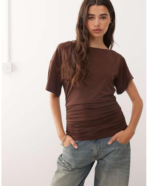 Collusion Brown Cowl Back Off-shoulder Tee
