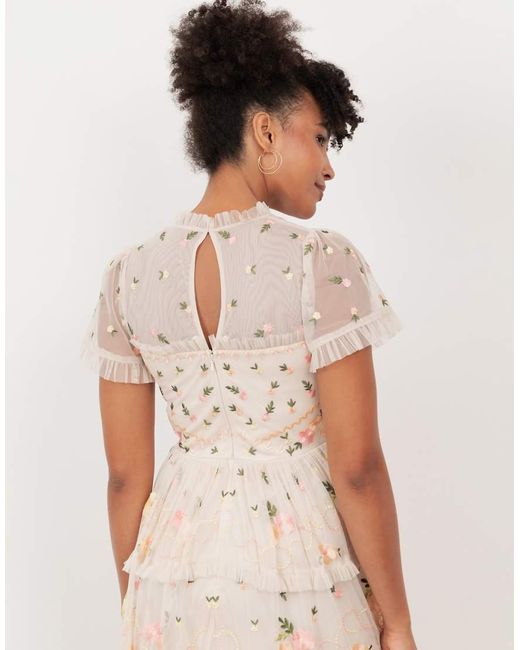 Maya Natural Embroidered Short Sleeve High Neck Mini Dress