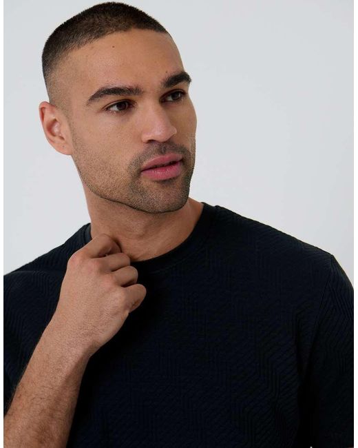Threadbare Black Textured Stretch Cotton Crew Neck T-Shirt for men