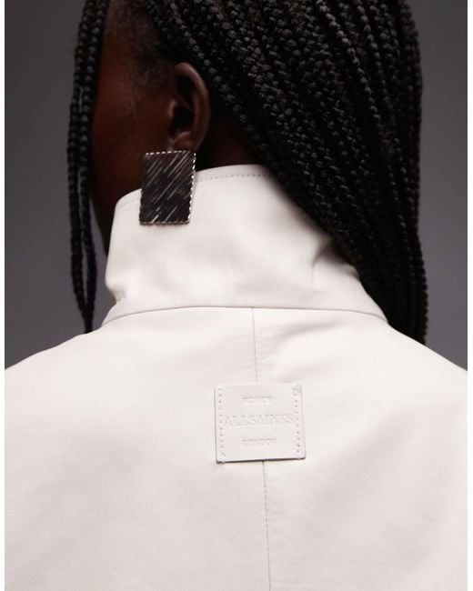 AllSaints Gray Flor Funnel Neck Leather Bomber Jacket