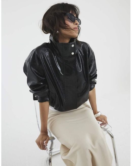 River Island Black Faux Leather Funnel Neck Jacket
