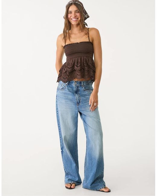 Stradivarius Black Embroidered Ruffled Top