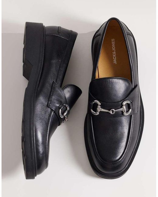 Jack & Jones Black Leather Loafer With Metal Detail for men