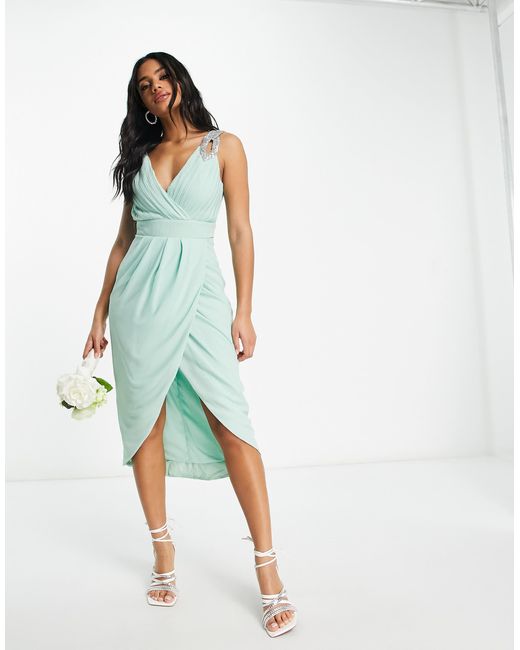 TFNC London White Bridesmaid Wrap Front Chiffon Midi Dress With Embellished Shoulder Detail