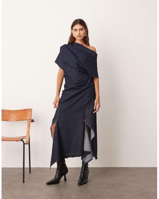 ARRANGE Blue Draped Indigo Denim Maxi Dress