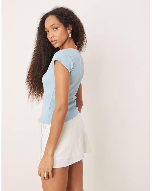 ASOS Blue Compact Mini Rib Button Through Short Sleeve Top