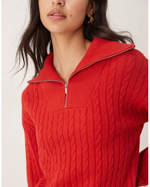 Mango Red Cable Knit Quarter Zip Jumper