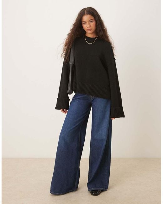 Gina Tricot Black Relaxed Crew Neck Folded Sleeve Knitted Sweater