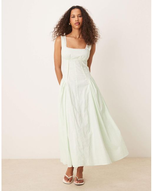 ASOS Natural – prärie-maxikleid mit eckigem ausschnitt, tiefer taille und mintfarbenem vichy-karomuster