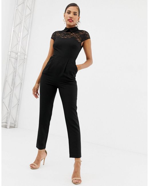 ASOS Black Lace Top Jumpsuit With Collar