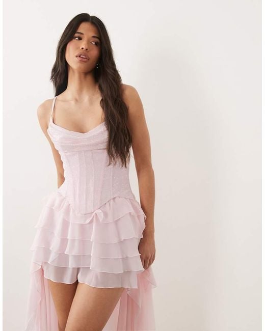 Oh Polly Pink Premium Embellished Cowl Neck Corset Asymmetric Hemline Mini Dress