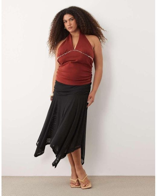 ASOS Red Asos Design Curve Compact Cotton Ruched Halter Neck Top With Bead Detail
