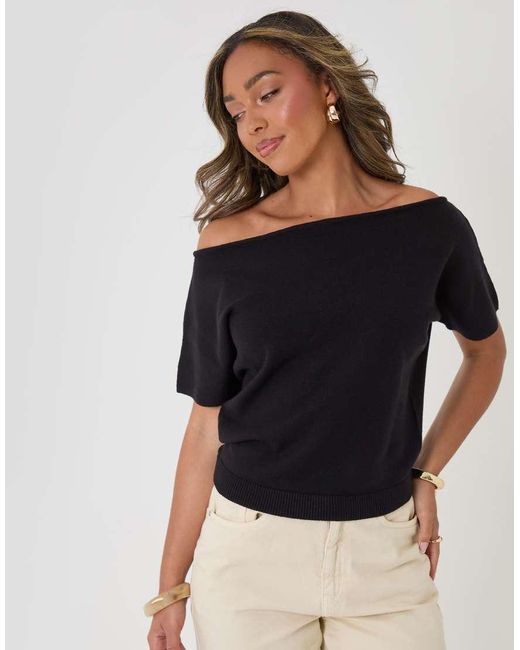 Threadbare Black Short Sleeve Slash Neck Jumper