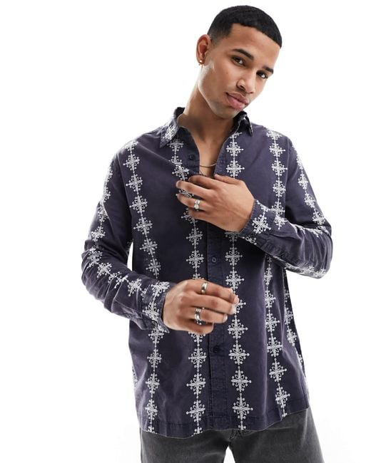 ASOS Blue Relaxed Shirt With Contrast Broderie Stripe for men