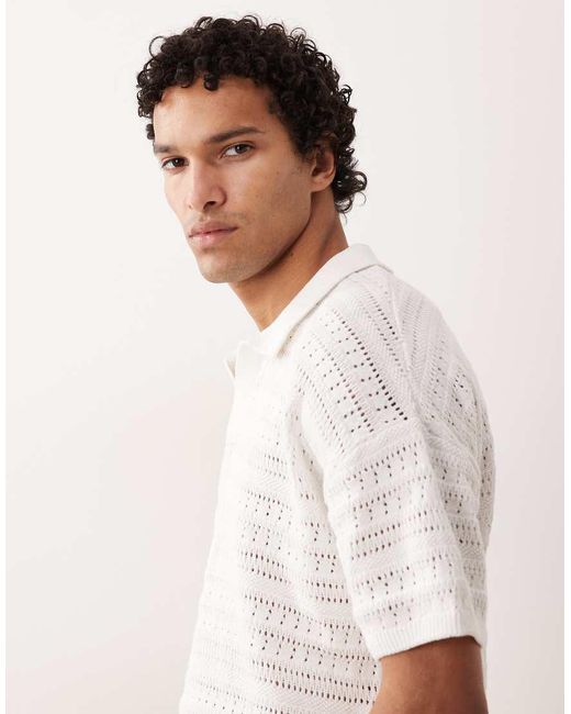 Only & Sons White Drop Shoulder Open Knit Split Neck Polo for men