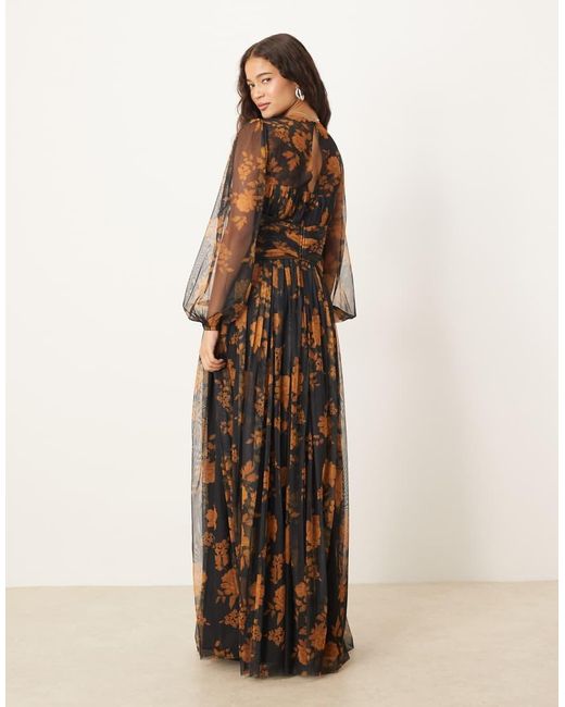 ANAYA Natural Floral Long Sleeve Gathered Maxi Dress