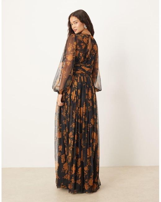 ANAYA Natural Floral Long Sleeve Gathered Maxi Dress