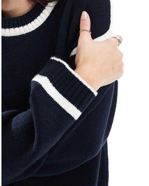 ASOS Blue Knitted Jumper With Contrast Cream Seams Navy