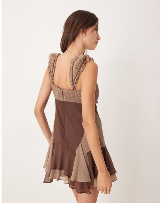 ASOS Brown Cap Sleeve Contrast Ribbon Ruffle Hem Mini Dress