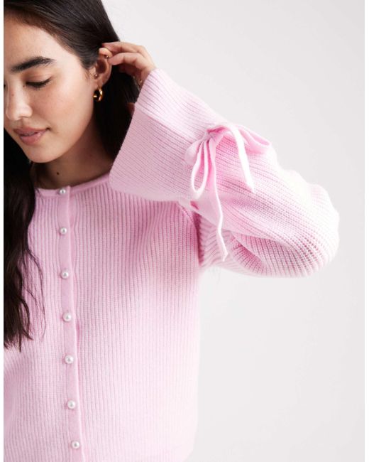 Pieces Pink Knitted Cardigan With Pearl Buttons And Bow Tie Cuffs