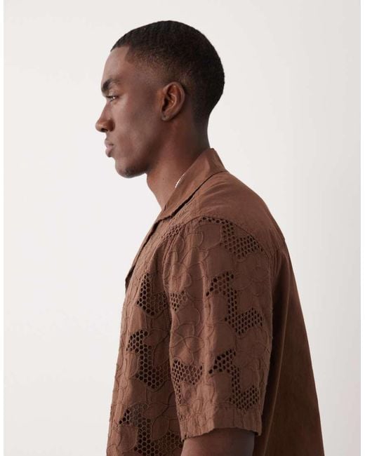 River Island Brown Boxy Lace Detail Fabric Block Shirt for men