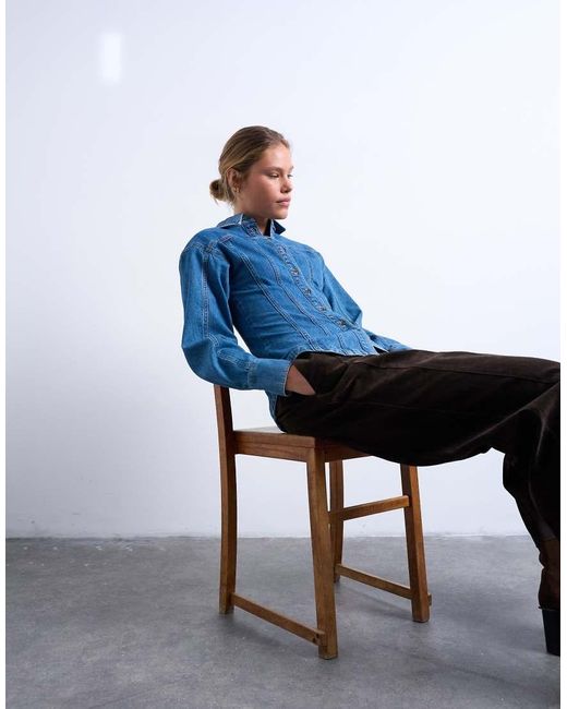 TOPSHOP Blue Denim Cinched Shirt With Seam Detail