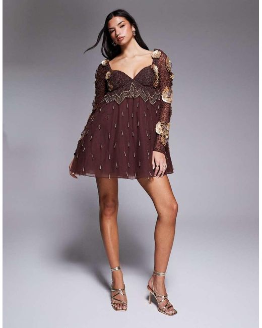 ASOS Purple Embellished Dropped Pearl Mini Dress With 3D Flowers