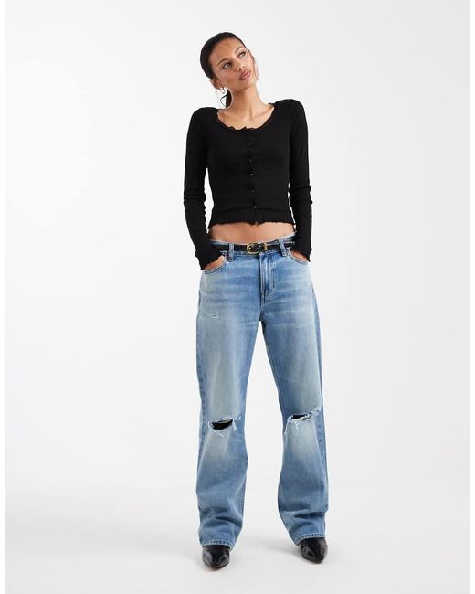 Brave Soul Blue Fine Knit Cami And Cardigan Set With Lace Detail