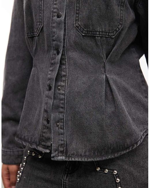 Liquor N Poker Gray Cinch Waist Denim Peplum Shirt