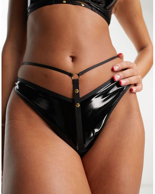 Ann Summers Black Troublesome Glossy Pu High Leg Thong With Hardware And Strapping Detail