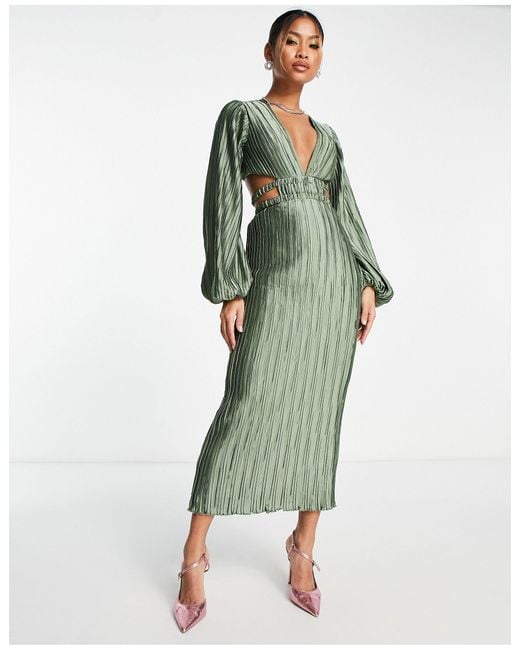 ASOS Satin Plisse Midi Dress With Cut Out Waist Detail in Green | Lyst UK