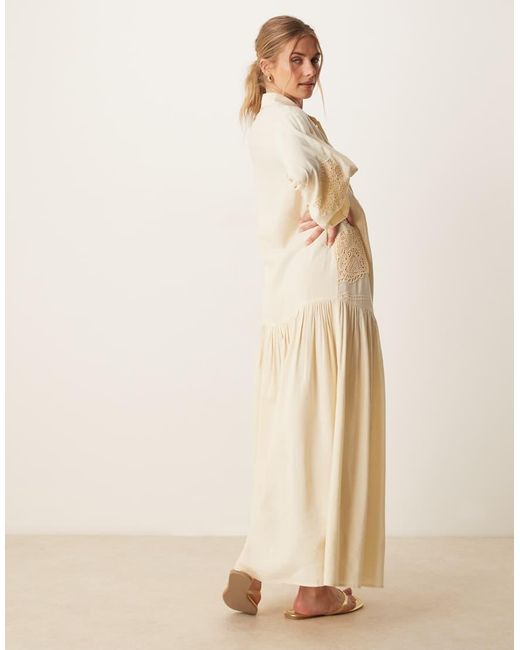Vestido Camisero Extragrande Con Mangas Voluminosas Y Diseño Calado De -Blanco ASOS de color Natural