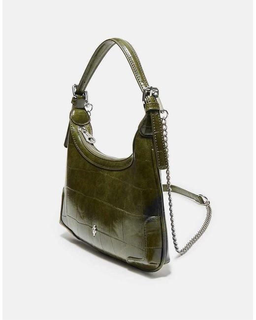 Stradivarius Green Mock Croc Mini Chain Shoulder Bag