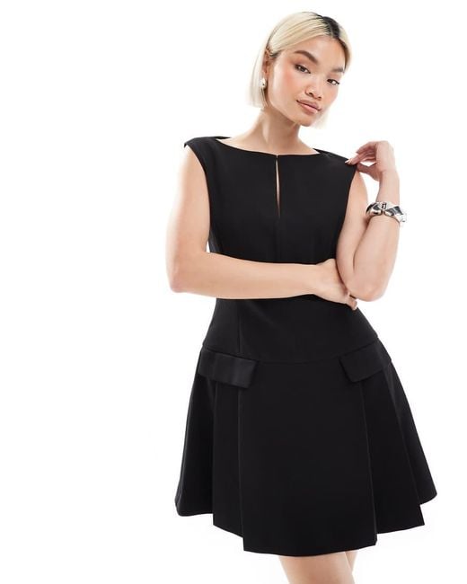 French Connection Black Azra Twill Drop Waist Pleated Mini Dress