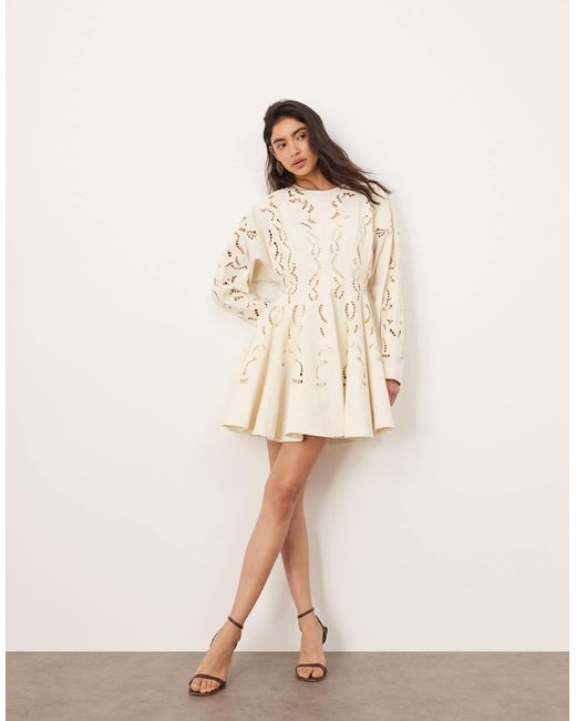 ARRANGE Natural Twill Embroidered Cutwork Mini Skater Dress