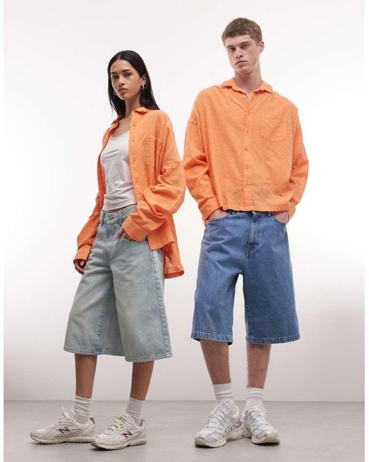 Collusion Orange Unisex Oversized Long Sleeve Textured Grid Check Shirt