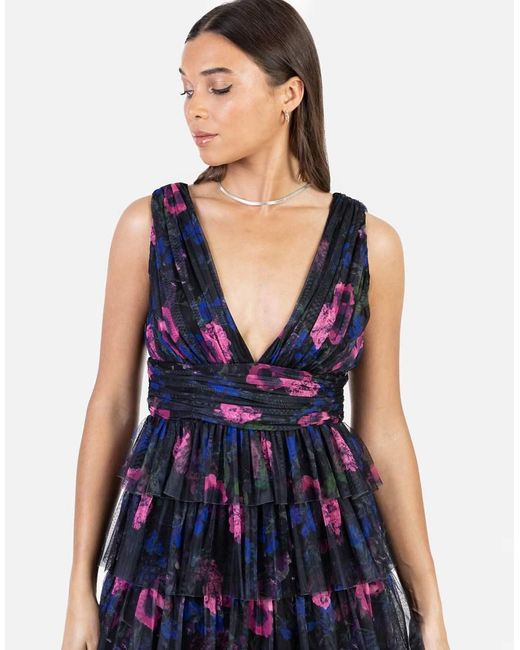 ANAYA Blue Floral Plunge V Neck Tiered Tulle Maxi Dress