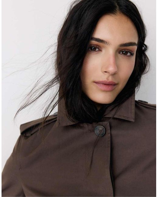 Stradivarius Brown Long Single-breasted Trench Coat