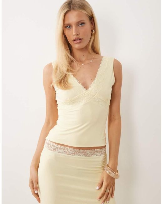 Fashionkilla Natural Exclusive Double Sculpted Slinky Lace Trim V Neck Vest Top Co-ord