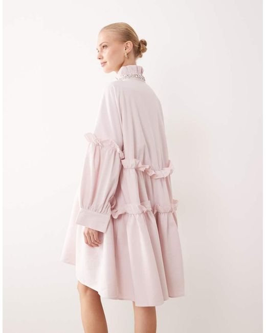 Sister Jane Pink Dream Rising Sun Cotton Smock Embellished Collar Mini Dress