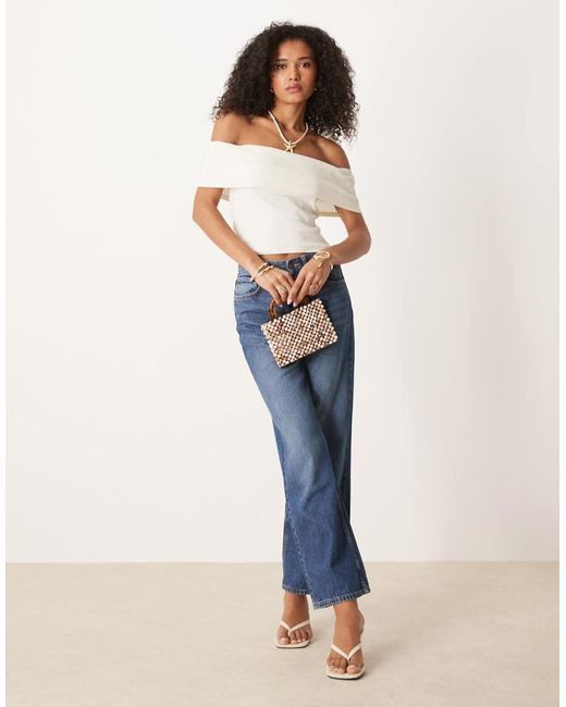 ASOS White Fold Over Ribbed Bardot Top