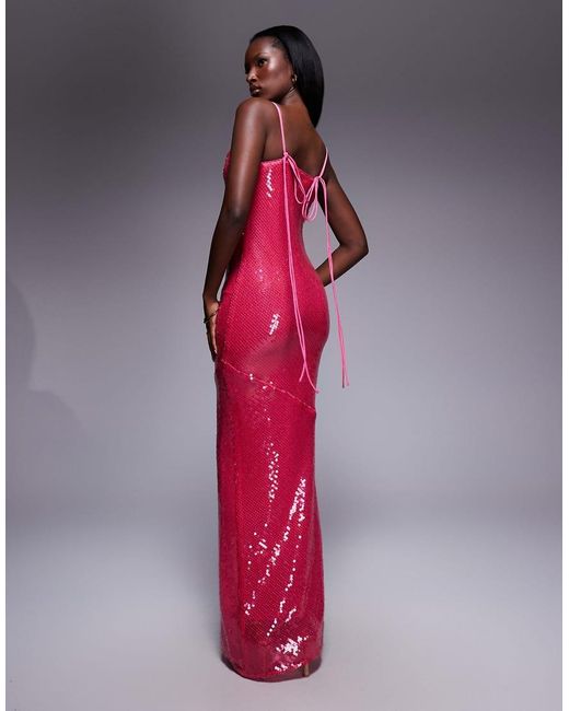 ASOS Red Sheer Sequin Cowl Neck Maxi Dress With Strappy Back