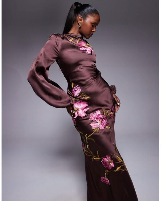 ASOS Purple Cowl Neck Floral Embroidered Bias Maxi Dress With Blouson Sleeve